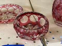 Nachtmann ruby stained crystal footed bowl and two ashtrays