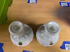 Pair Westmoreland iridescent milk glass candleholders