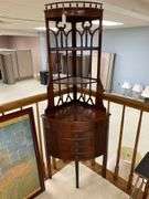 Hepplewhite mahogany corner stand w/ open work top shelves, drawers in base 26x18x65.5