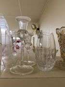 Pressed glass vases and pedestal dish, glass candle shades, glass candlesticks, misc glass
