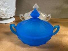 Two Westmoreland glass covered dishes: blue satin, and clear satin w/ handpainted decor