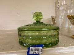 Olive green glass covered candy dish