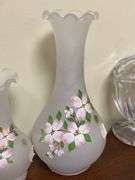Two Westmoreland satin glass vases w/ handpainted dogwood decor