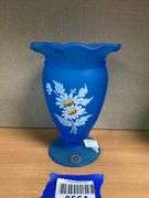 Westmoreland blue satin glass vase w/ handpainted decor