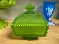 Two Westmoreland green satin glass square covered dishes