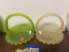 Two Westmoreland satin glass baskets w/ applied handles: green and yellow