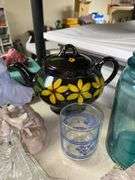 Depression glass, Candlewick basket, pottery teapot, blue canning jar, decor items