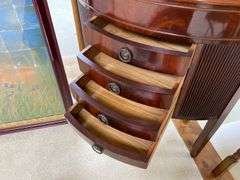 Hepplewhite mahogany corner stand w/ open work top shelves, drawers in base 26x18x65.5