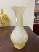 Two yellow satin glass bud vases