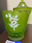 Westmoreland green satin glass footed dishes w/ handpainted decor