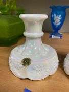 Pair Westmoreland iridescent milk glass candleholders