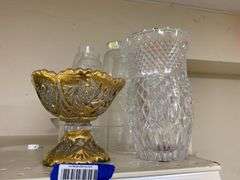 Pressed glass vases and pedestal dish, glass candle shades, glass candlesticks, misc glass