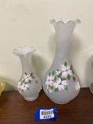 Two Westmoreland satin glass vases w/ handpainted dogwood decor