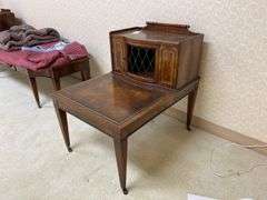 Mahogany step back end stand w/ inset tooled leather top panels 21x29x27.5, by the piece, take 2