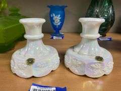 Pair Westmoreland iridescent milk glass candleholders