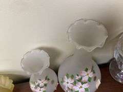 Two Westmoreland satin glass vases w/ handpainted dogwood decor