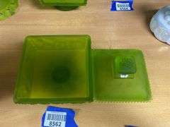 Two Westmoreland green satin glass square covered dishes