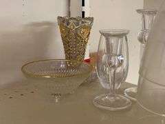 Pressed glass vases and pedestal dish, glass candle shades, glass candlesticks, misc glass