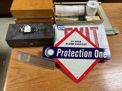 EXIT sign, cash box, wooden file box, misc
