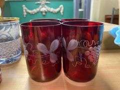 Set of six Egermann ruby to clear engraved glass tumblers