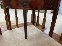 Hepplewhite mahogany corner stand w/ open work top shelves, drawers in base 26x18x65.5