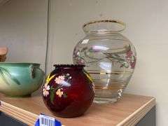 Ruby glass rose bowl, and floral decorated clear glass vase