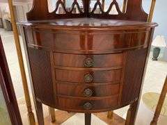 Hepplewhite mahogany corner stand w/ open work top shelves, drawers in base 26x18x65.5