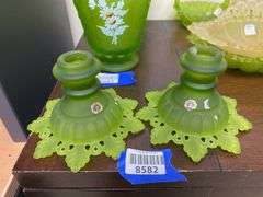 Pair Westmoreland green satin glass candleholders
