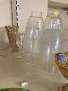 Pressed glass vases and pedestal dish, glass candle shades, glass candlesticks, misc glass