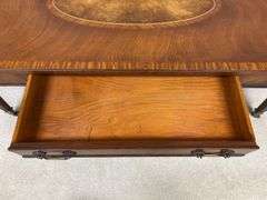 Mahogany coffee table w/ inset tooled leather top panel, comes w/ protective glass top 60x22x15.5