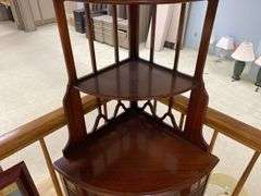 Hepplewhite mahogany corner stand w/ open work top shelves, drawers in base 26x18x65.5