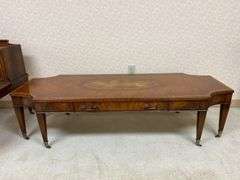 Mahogany coffee table w/ inset tooled leather top panel, comes w/ protective glass top 60x22x15.5