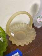 Two Westmoreland satin glass baskets w/ applied handles: green and yellow