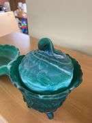 Imperial teal satin slag glass covered jar
