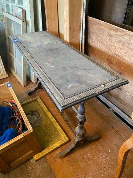 Double pedestal library table w/ carved top edge, spindled stretcher 48x17x30