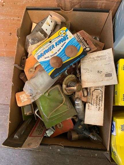 Electric panel box, vintage porcelain bathroom accessories, light bulbs, misc