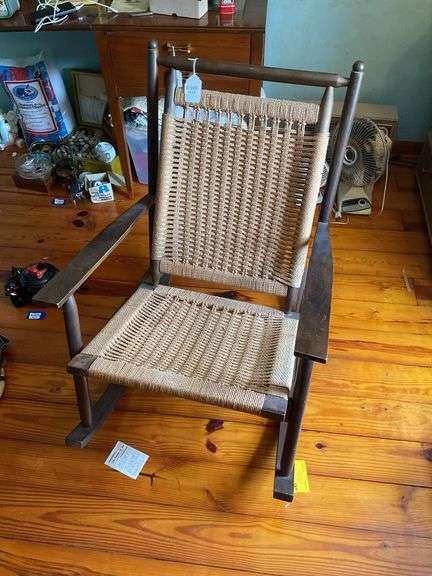 Hans Wegner style rocking chair w/ woven rope seat and back