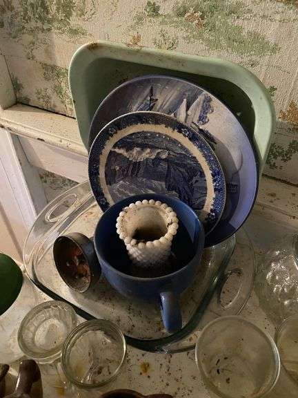 Vintage 3-tier utility cart and contents: vintage dishes and glassware, planters