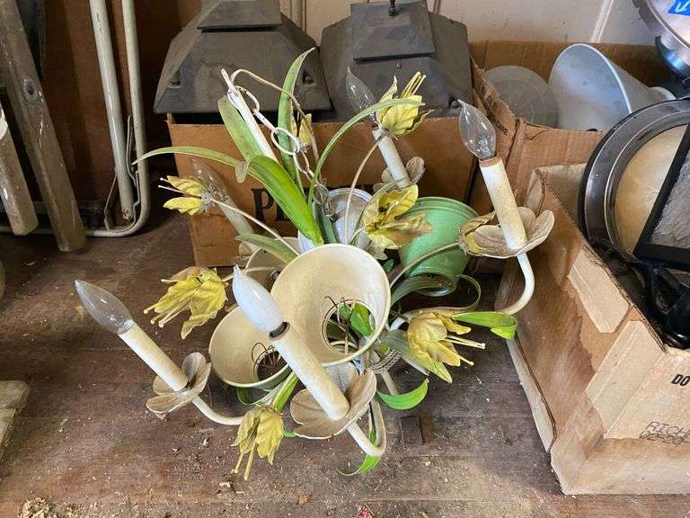 Vintage figural flower chandelier, cast iron hanging oil lamp, electric lanterns and light fixture