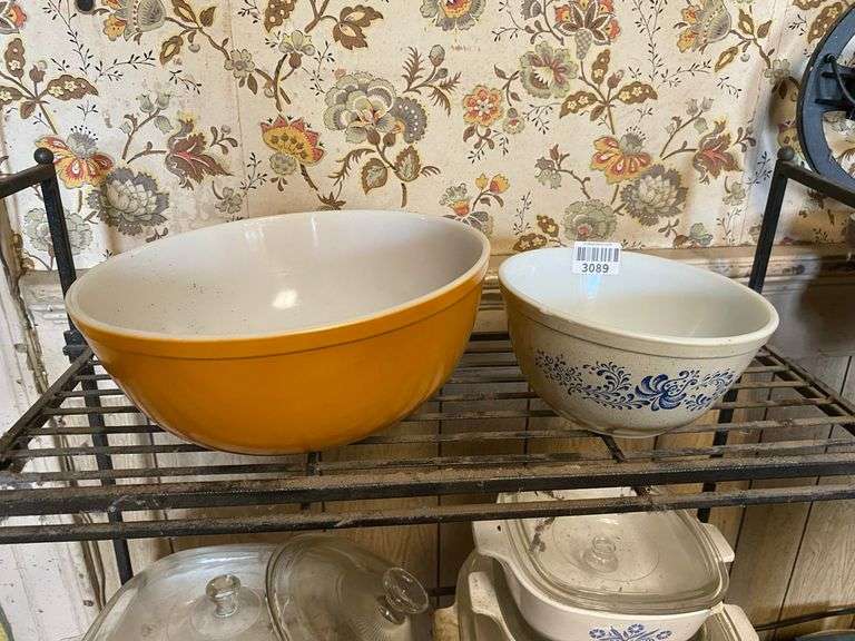 Vintage Pyrex bowls, Corning bakeware, and Corelle dinnerware