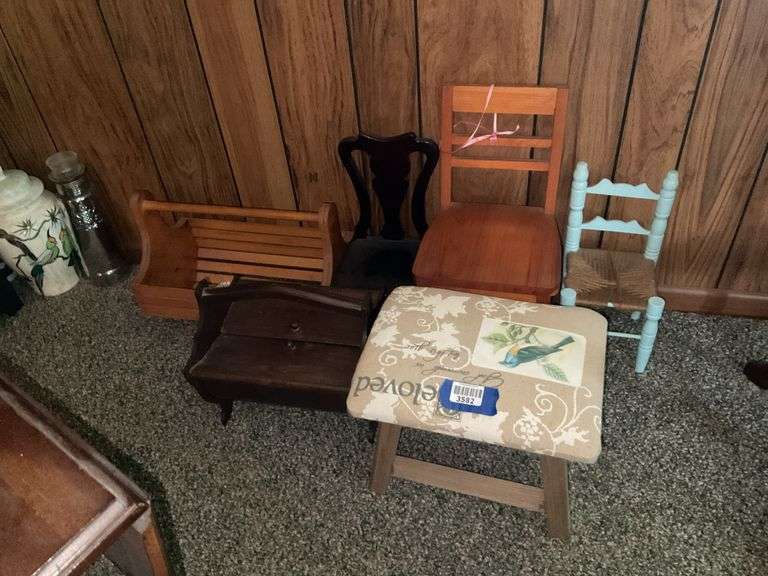Three child's chairs, stool w/ upholstered top, sewing box, magazine rack