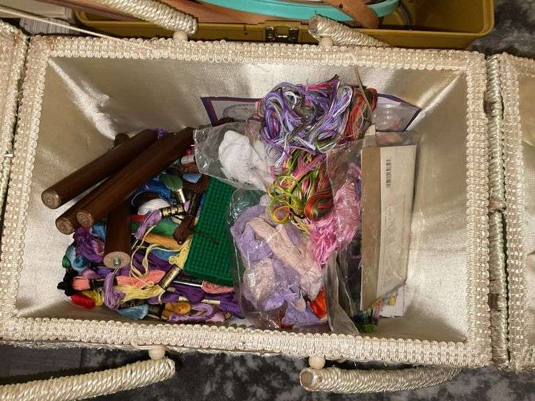 Sewing basket and box w/ embroidery supply contents