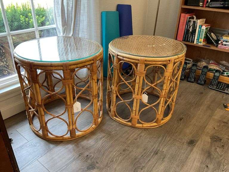 Two rattan stands w/ cane and glass tops - by the pc take two 20 IN X 20 IN