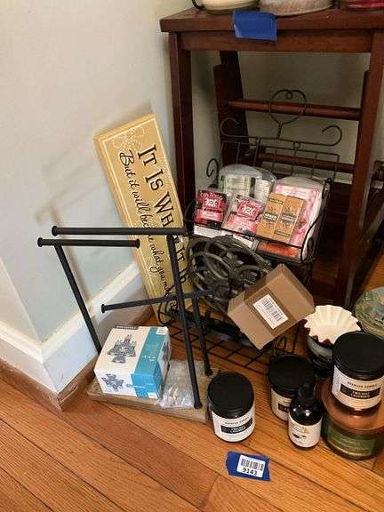 Wooden step stool, jar candles, wall plaque, decor items