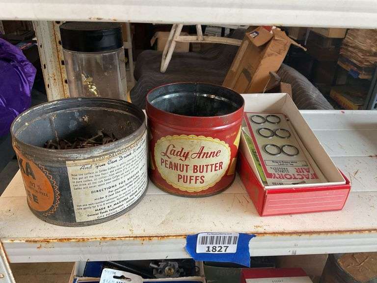 Advertising tins w/ hardware and Pepsi caps, misc