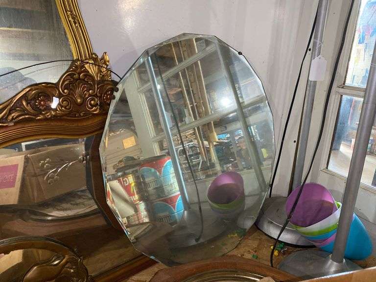Mirrors lot: gilt Rococo framed, triple buffet mirror, round beveled, oval elephant frame