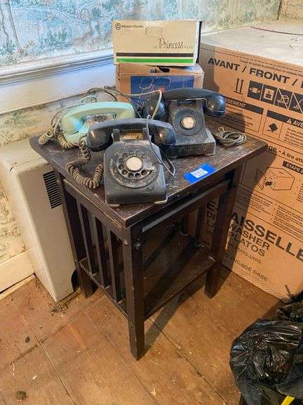 Arts & Crafts telephone stand and contents: vintage telephones including color and boxes 20x18x28