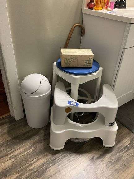 Stool, toilet stools, waste can, blood pressure monitor in box, contents of cabinet under sink and drawer