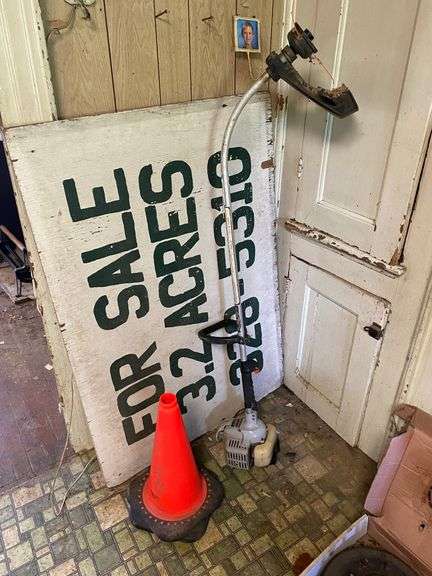 Echo string trimmer, traffic cones, wooden FOR SALE sign