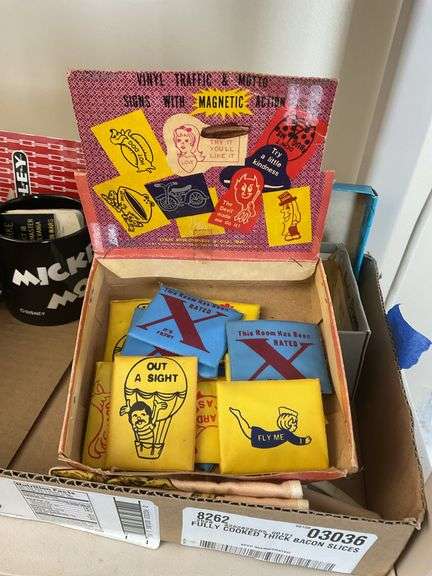 Vintage comic magnets in box, Garbage Pail Kids cards, Mickey mouse mug, misc